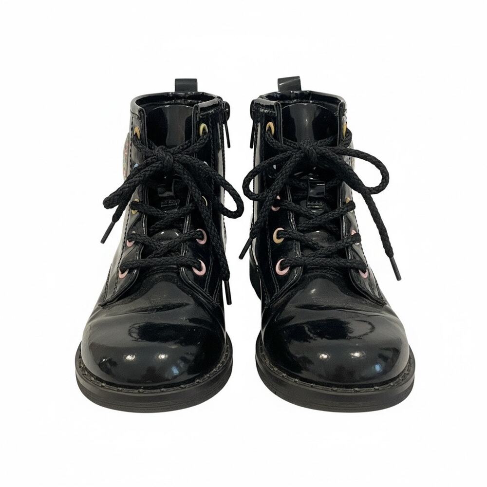 Girls Jellypop Black Patent Combat Boots Heart Glitter Patch Size 1M Side Zip